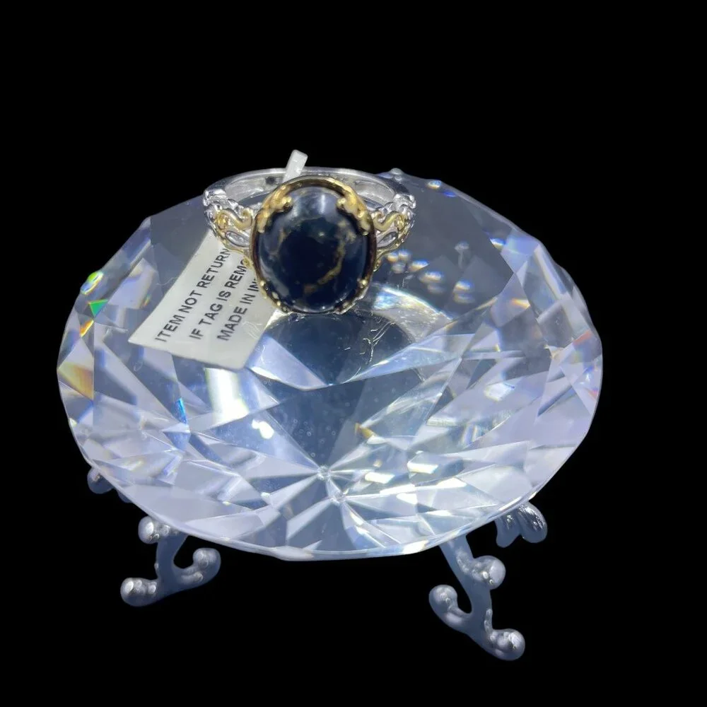 STS Karis Silver Tone Gold Accents Black Gold Veined Stone‎ Cocktail Ring NWT - Picture 5 of 8